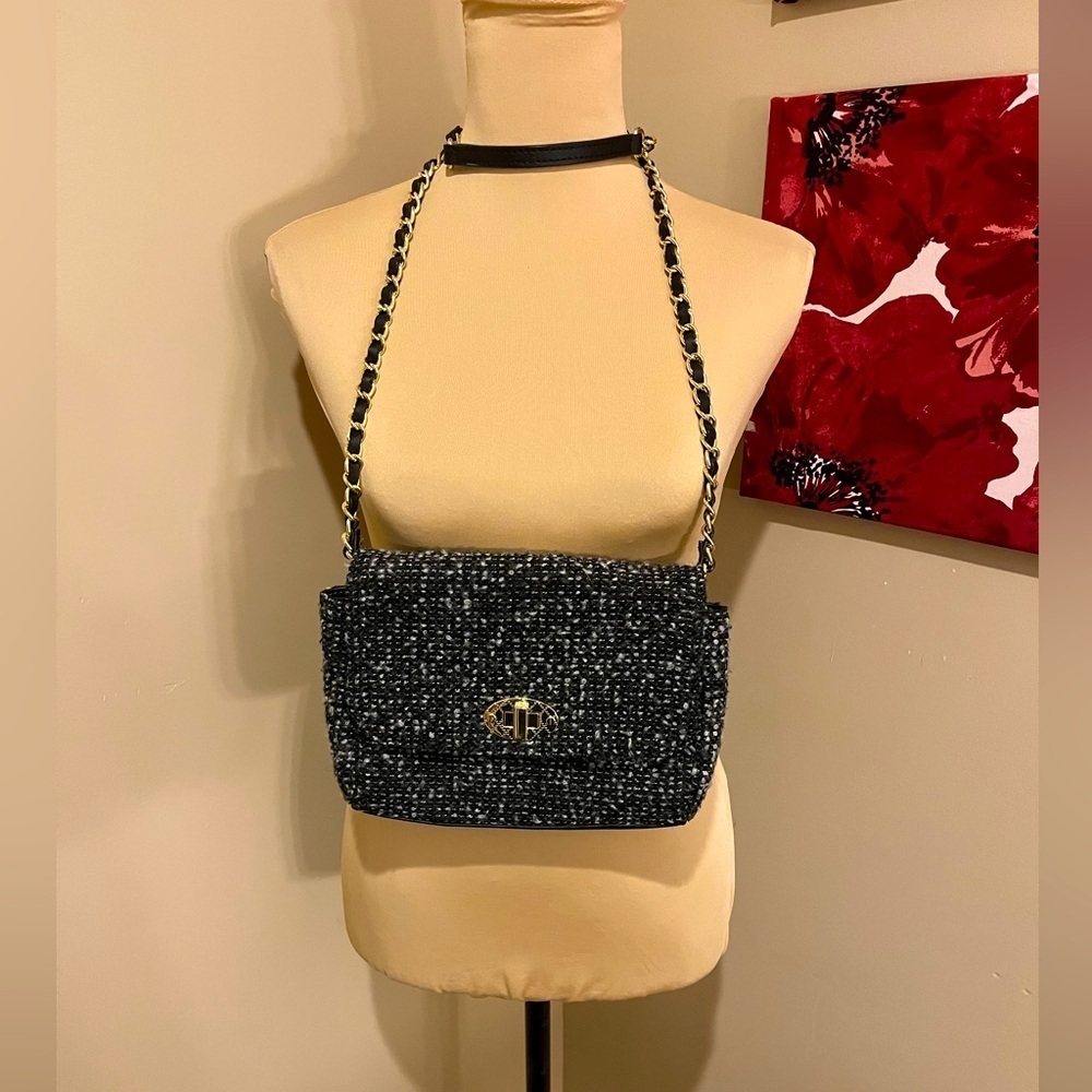 NWOT TALBOTS TWISTED TWEED CROSSBODY BAG in grey, black & white, gold hardware